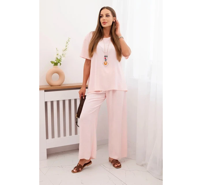 Dámský komplet s volnou halenkou a širokými nohavicemi pudrově růžová Dámský komplet s volnou halenkou a širokými nohavicemi pudrově růžová