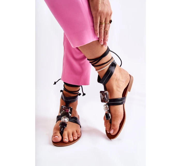Vázané sandály žabky s krystaly černý Shendon