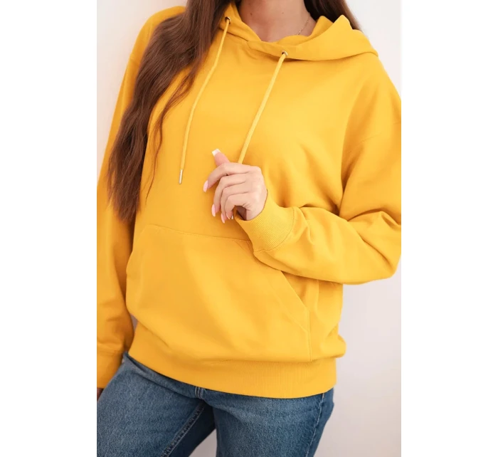 Dámská mikina s kapucí a klokaní kapsou z pletené bavlny hořčicová