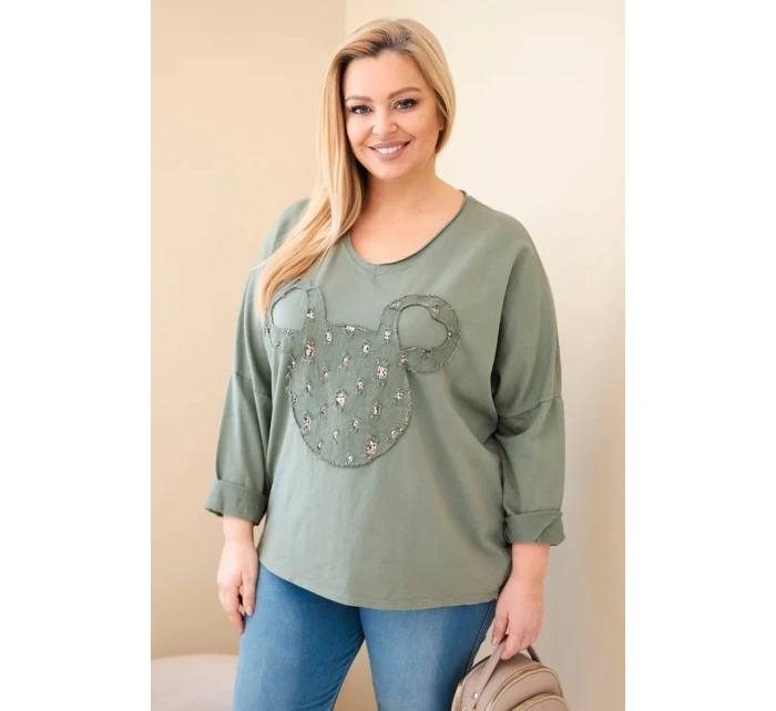 Dámská bavlněná blůza Plus Size s V výstřihem khaki Dámská bavlněná blůza Plus Size s V výstřihem khaki