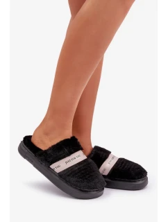 Futrzane Pantofle s ozdobným páskem černé Savalithea