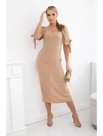 Šaty vzadu nařasené se zavazovacími rukávy Velbloud Šaty vzadu nařasené se zavazovacími rukávy Velbloud