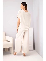 Dámský komplet z viskózy s ozdobným květem a širokými kalhotami béžový