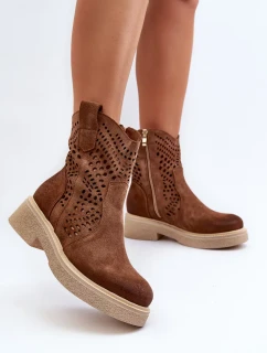 Zazoo Semišové dámské boty na plochých podpatcích, prolamované hnědé