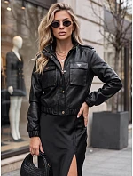 Dámská kožená bomberová bunda na přechodné období, černá, FashionStreet TY5856 Dámská kožená bomberová bunda na přechodné období, černá, FashionStreet TY5856