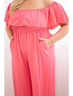 Dámský overal Plus Size s volánem a krátkým rukávem růžový Dámský overal Plus Size s volánem a krátkým rukávem růžový