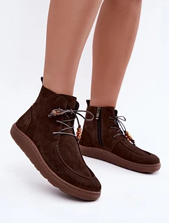 Dámské barefoot kotníkové boty z nubukové kůže s korálky Zazoo 30078 hnědé