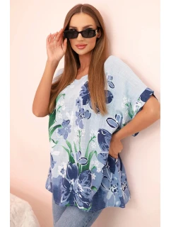 Dámská bavlněná blůza s květinovým potiskem a krátkým rukávem modrá