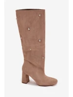 kozačky s podpatkem s ozdobnými detaily béžové model 21714811 - Boto