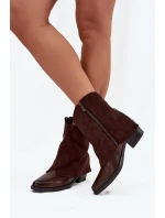 Dámské zateplené kotníkové botky kovbojky na sloupku – čokoládové Sylvette