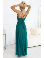 Maxi šaty bez ramínek s zavazováním na zádech a rozparkem lahvově zelené model 21956242 - numoco