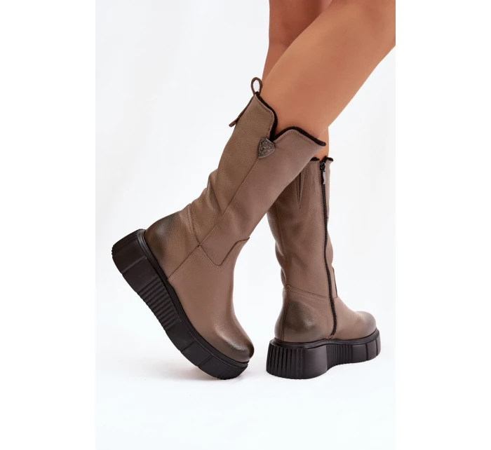 Kožené Dámské Kozačky S Tmavě Béžové model 21821669 - Zazoo