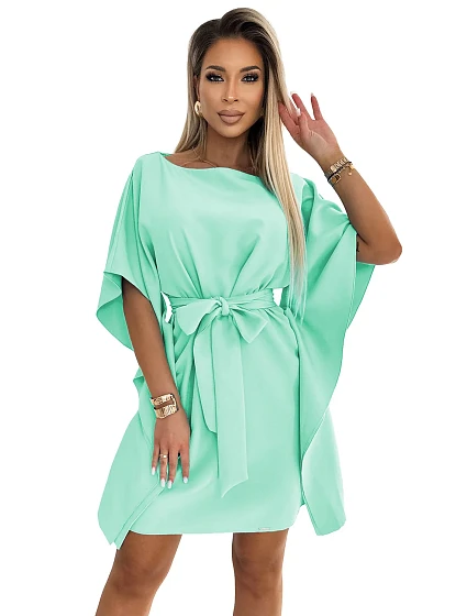 SOFIA   dámské šaty v mátové barvě se zavazováním v pase model 20277212 - numoco