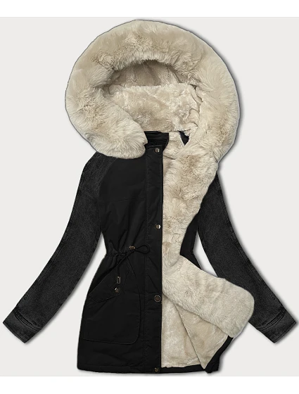 Černobéžová dámská bunda parka damska s rukávy model 21248835 - WAY MODE Černobéžová dámská bunda parka damska s rukávy model 21248835 - WAY MODE