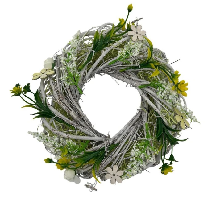 DEKORAČNÍ VĚNEC BÍLÝ A ZELENÝ S RŮŽEMI PRŮMĚR 24 CM