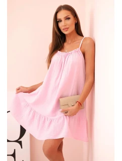 Dámské mušelínové šaty s ramínky a volánem bonbónově růžová