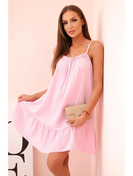 Dámské mušelínové šaty s ramínky a volánem bonbónově růžová Dámské mušelínové šaty s ramínky a volánem bonbónově růžová