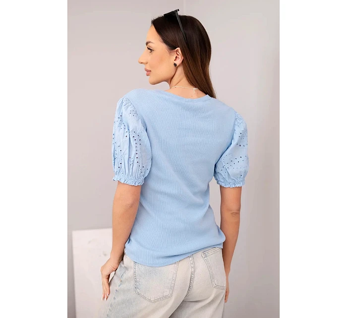 Dámská bavlněná žebrovaná halenka s rukávem a modrá model 22045173 - K-Fashion