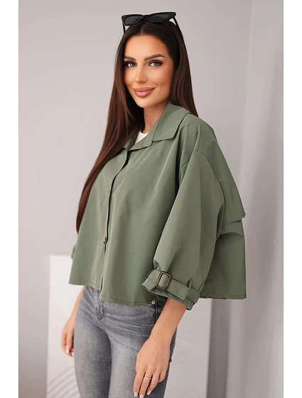 Dámská jarní bavlněná bunda zapínaná na knoflíky s límcem khaki