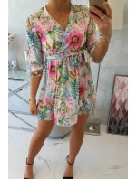 Květinové šaty s vázáním v pase, pudrově růžové