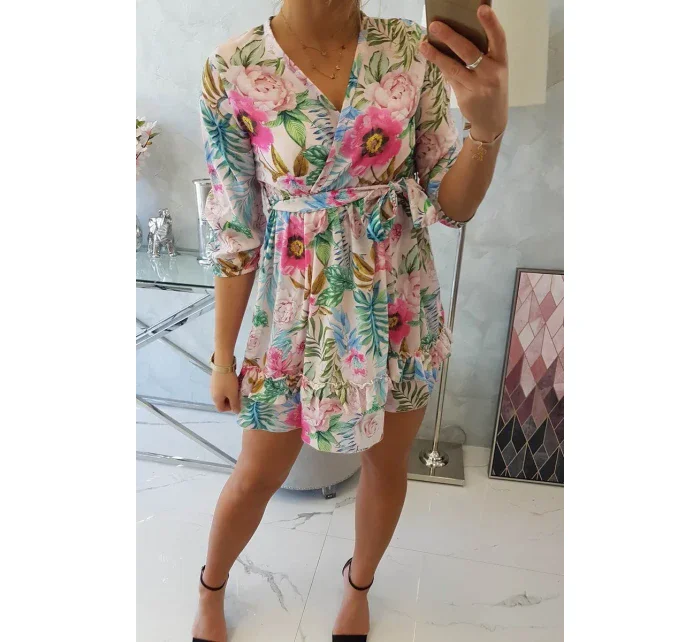 Květinové šaty s vázáním v pase, pudrově růžové