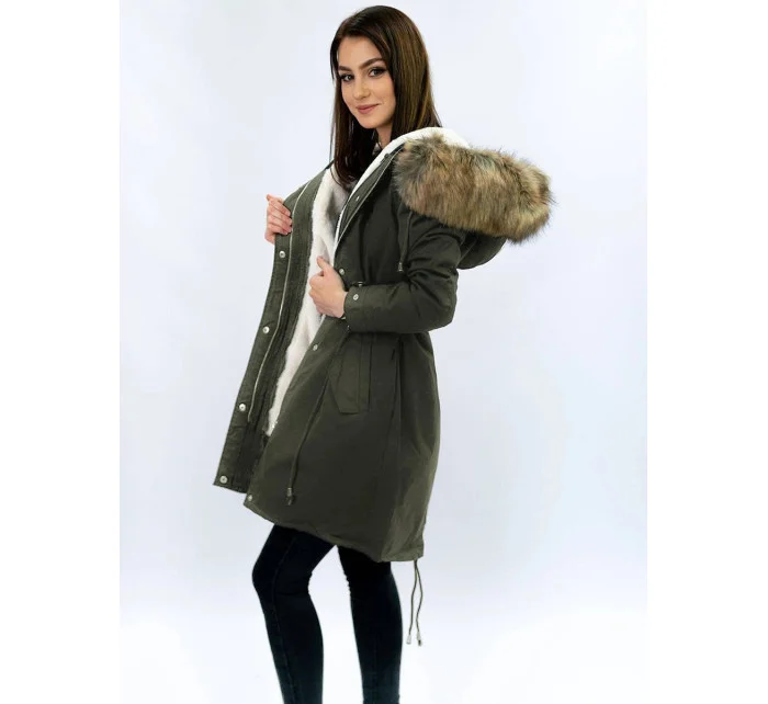 Dámská zimní bunda parka v army barvě s odepínací podšívkou a kapucí (7626)