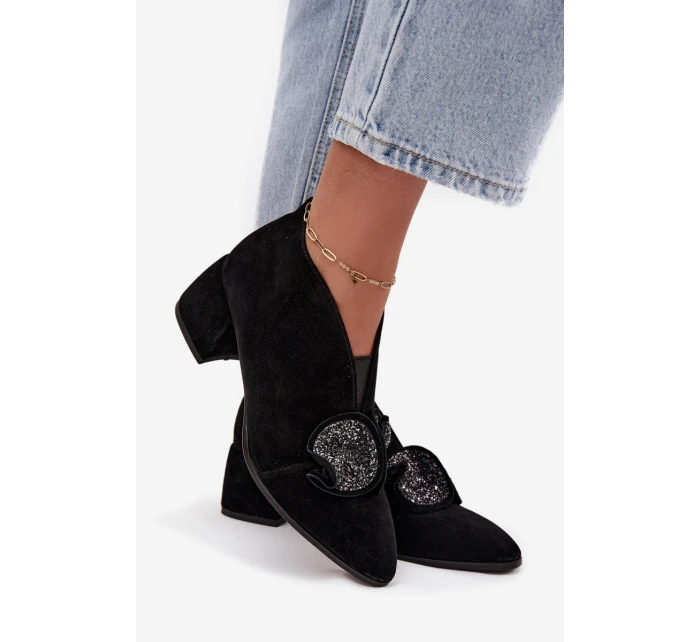 Kožené semišové dámské boty na podpatku s ozdobou D&A MR52-182 Černé