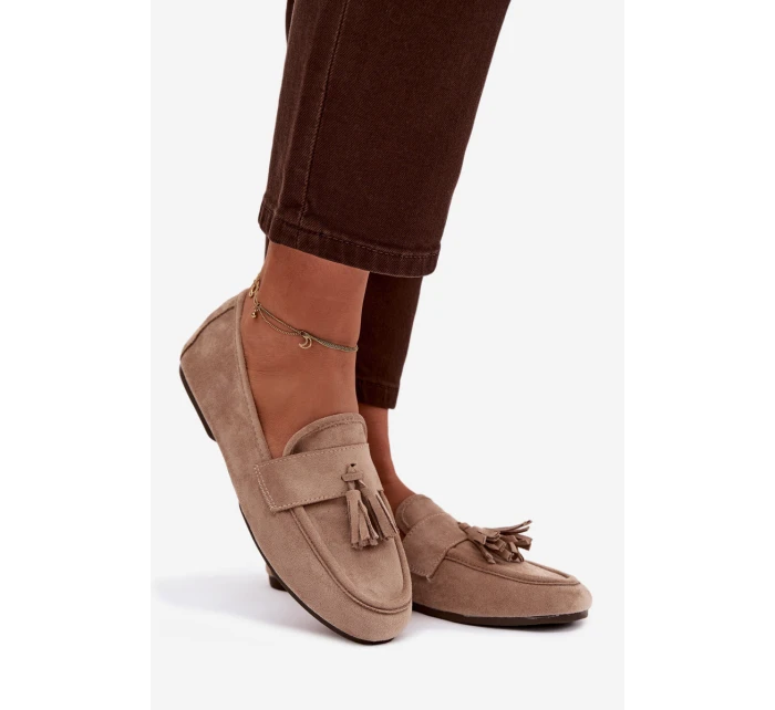 Dámské mokasíny s podrážkou a třásněmi Béžové model 21919048 - Boto