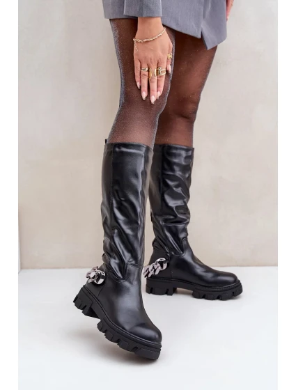 Kozačky na plochém podpatku s řetězem černé Nauricette