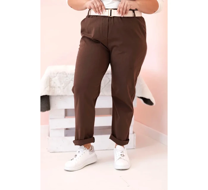 Dámské bavlněné kalhoty Plus Size s páskem hnědý Dámské bavlněné kalhoty Plus Size s páskem hnědý