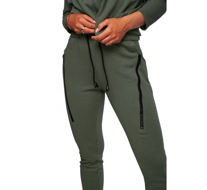 B240 Úzké pletené kalhoty s ozdobnými zipy - khaki barva