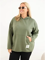 Dámská mikina Plus Size viskózová s kapucí a klokankovou kapsou khaki Dámská mikina Plus Size viskózová s kapucí a klokankovou kapsou khaki