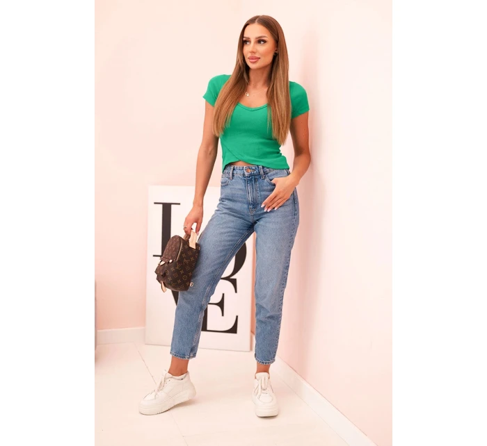 Dámská pruhovaná blůza s výstřihem do V a krátkým rukávem zelená Dámská pruhovaná blůza s výstřihem do V a krátkým rukávem zelená