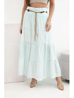 Dámská maxi bavlněná sukně s ažurovým vyšíváním a elastickým pasem mátová