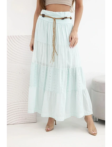 Dámská maxi bavlněná sukně s ažurovým vyšíváním a elastickým pasem mátová