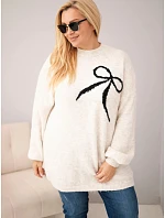 Dámský svetr Plus Size s přídavkem vlny s mašlí béžový Dámský svetr Plus Size s přídavkem vlny s mašlí béžový