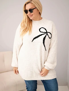 Dámský svetr Plus Size s přídavkem vlny s mašlí béžový