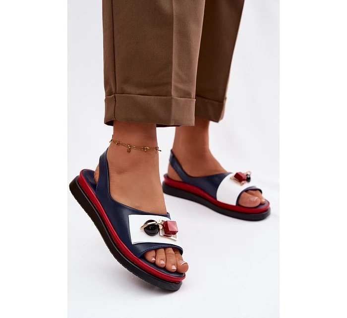 Kožené dámské sandály s ozdobou D&A model 22101325 tmavě modré - S.Barski Kožené dámské sandály s ozdobou D&A model 22101325 tmavě modré - S.Barski