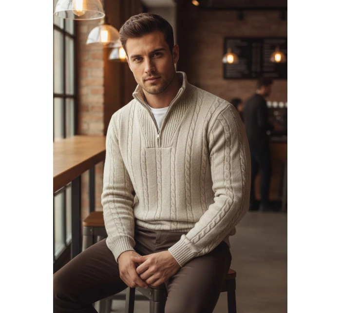 Pánský svetr se stojáčkem béžový FashionStreet WX2327 Pánský svetr se stojáčkem béžový FashionStreet WX2327