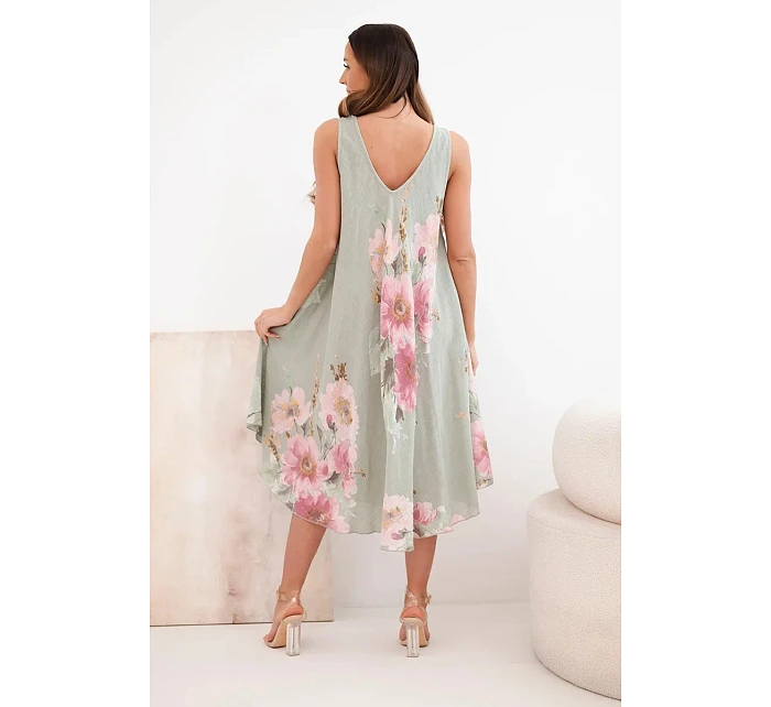 Dámské bavlněné oversize šaty s výstřihem do V a květinovým potiskem khaki