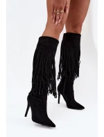 Dámské kozačky na jehlovém podpatku s třásněmi černé model 21709824 - Boto