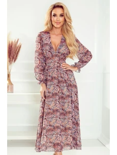 Dámské šifonové midi šaty s hnědým vzorem "boho" 378-1