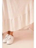 Dámské šaty plus size s krátkým rukávem a volánem z lehké viskózy béžová