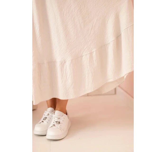 Dámské šaty plus size s krátkým rukávem a volánem z lehké viskózy béžová