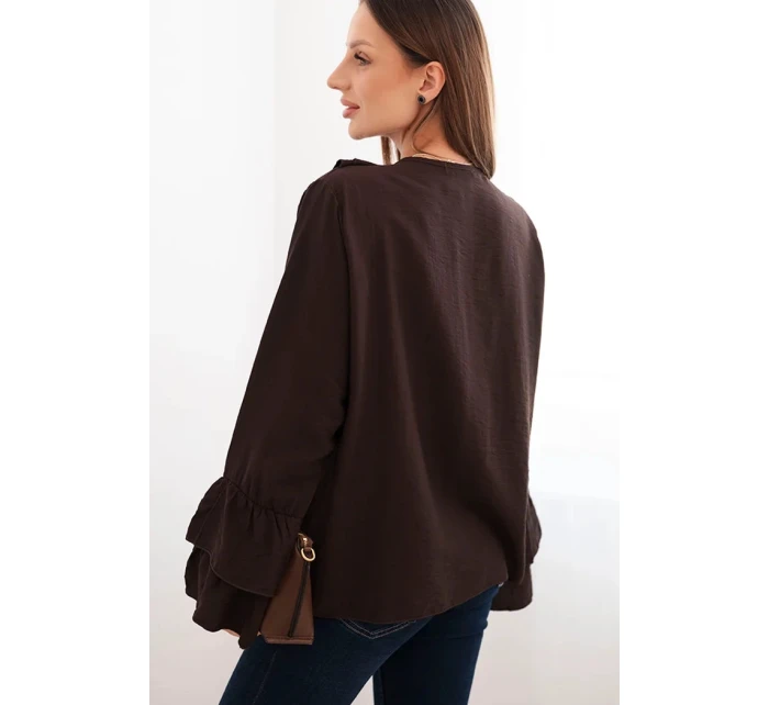 Dámská blůza z viskózy s volány a dlouhým rukávem hnědá Dámská blůza z viskózy s volány a dlouhým rukávem hnědá
