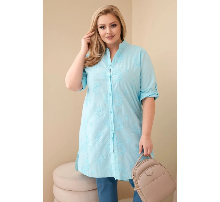 Dámské šaty Plus Size s výšivkou a ohrnutým rukávem mátová