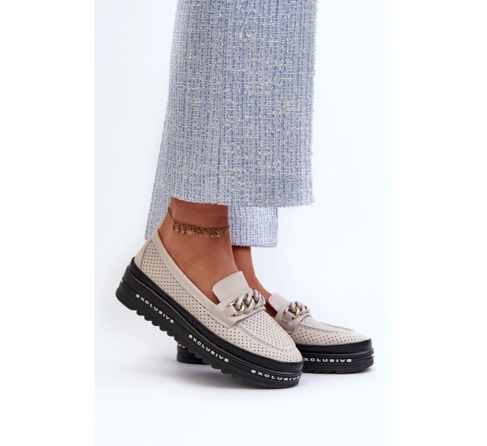Dámské kožené mokasíny na platformě s řetízkem model 21660132 béžové - S.Barski