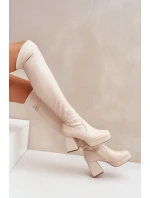 kozačky nad kolena na podpatku jasně béžové model 21681387 - Boto