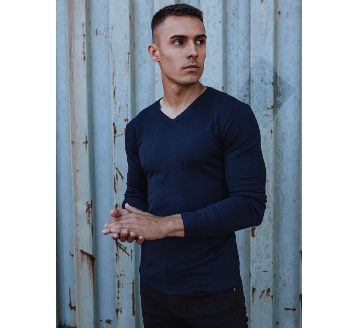 Pánský hladký tmavě modrý svetr s výstřihem FashionStreet WX2220