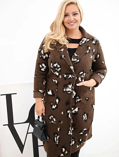 Dámský elegantní kabát Plus Size s klopami leopardí hnědý